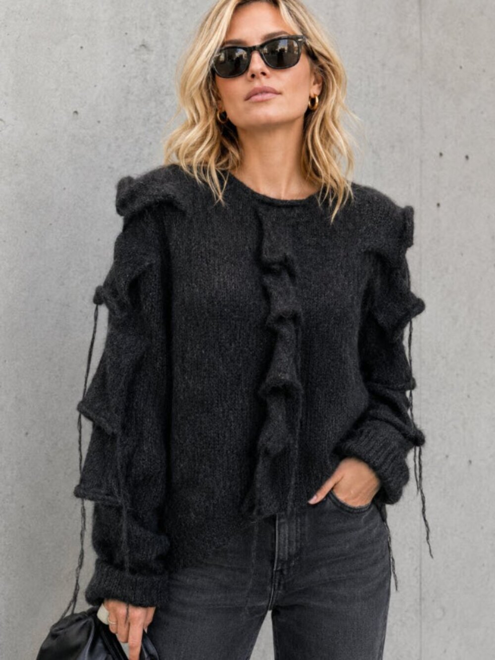 Boboutic Mohair Black Ruffle Sweater Oversized Small Made in ItalyTrendy & Cozy